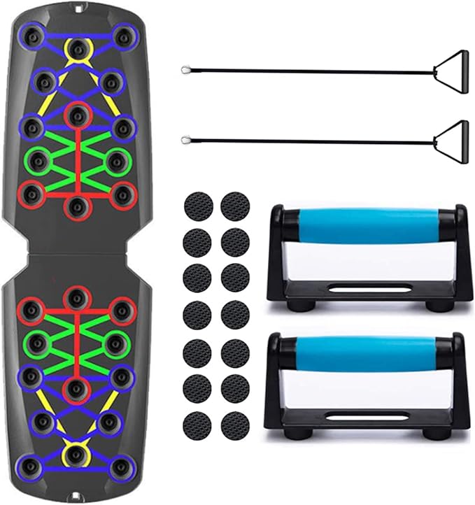 Push Up Board 12 in 1 Portable Folding Exercise Workout Station to Target Chest, Back, Shoulders & Triceps - Includes Handles, Resistance Bands & Non Slip Stickers