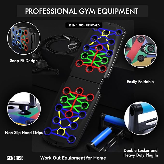 Push Up Board 12 in 1 Portable Folding Exercise Workout Station to Target Chest, Back, Shoulders & Triceps - Includes Handles, Resistance Bands & Non Slip Stickers