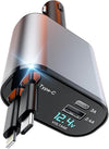 Retractable Car Charger with Dual Retractable Cords, Type-C Cable Fast Charging Up to 100W, 4 in 1 Fast Car Phone Charger with Voltage Display for iPhone 15/14/13/12 Pro Max,iPad,Samsung