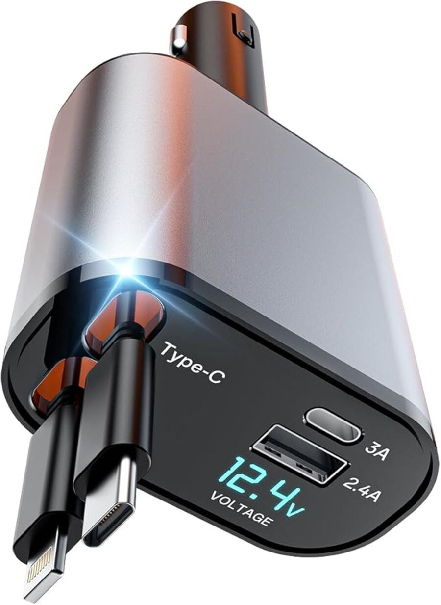 Retractable Car Charger with Dual Retractable Cords, Type-C Cable Fast Charging Up to 100W, 4 in 1 Fast Car Phone Charger with Voltage Display for iPhone 15/14/13/12 Pro Max,iPad,Samsung