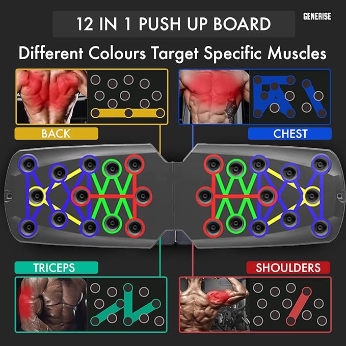 Push Up Board 12 in 1 Portable Folding Exercise Workout Station to Target Chest, Back, Shoulders & Triceps - Includes Handles, Resistance Bands & Non Slip Stickers